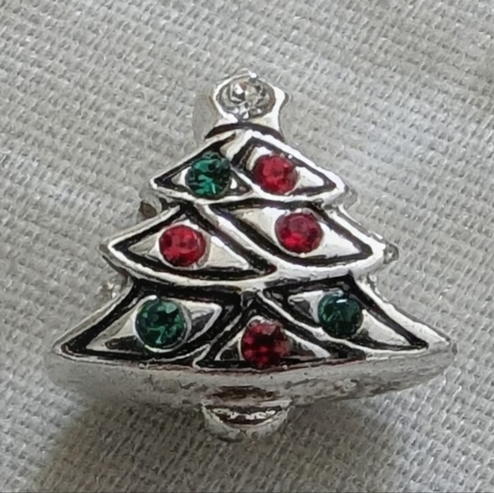Silver Christmas Tree Charm Red, Green, Clear Stones Fits Certain Pandora